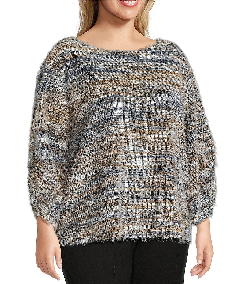 Slim Factor by Investments Plus Alexa Boat Neck 3/4 Sleeve Fuzzy Knit Top