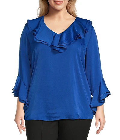 Slim Factor by Investments Plus Corinne V-Neck 3/4 Ruffle Sleeve Blouse