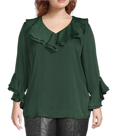 Slim Factor by Investments Plus Corinne V-Neck 3/4 Ruffle Sleeve Blouse