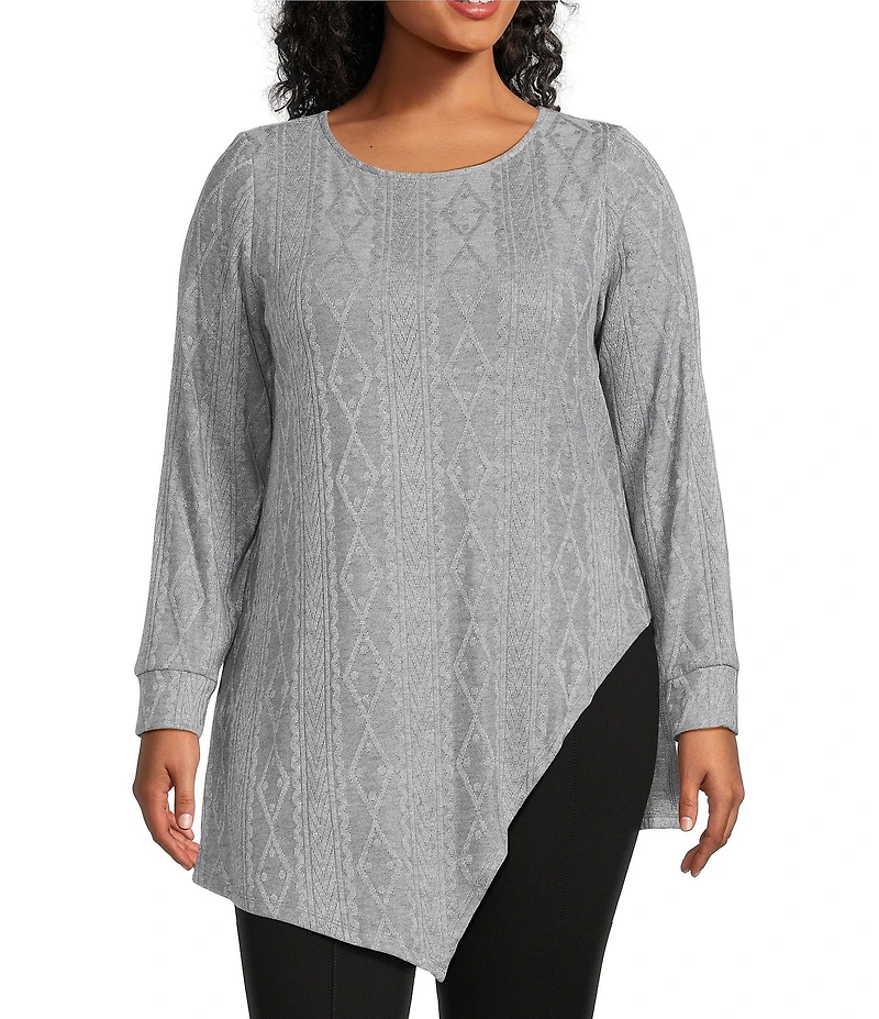 Slim Factor by Investments Plus Riley Long Sleeve Asymmetrical Hemline Crew Neckline Knit Top