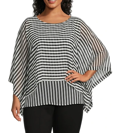 Slim Factor by Investments Plus Size 3/4 Sleeve Chiffon Crew Neck Double Layer Top