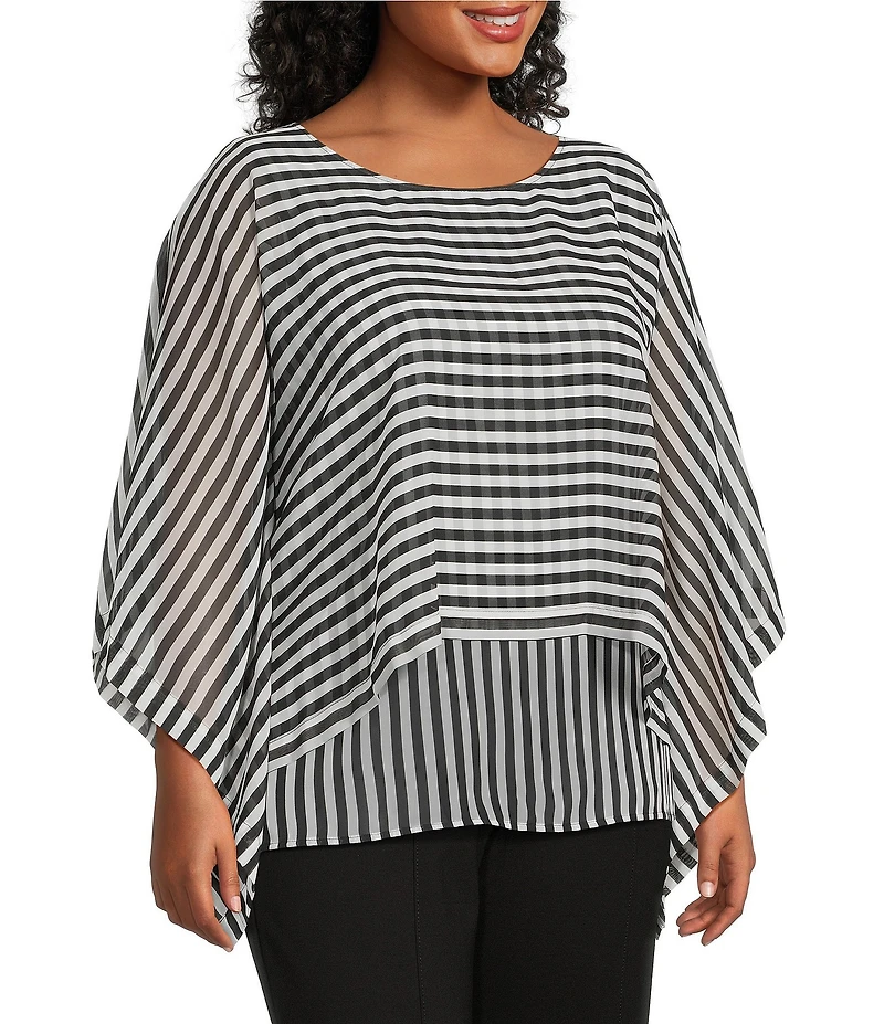 Slim Factor by Investments Plus Size 3/4 Sleeve Chiffon Crew Neck Double Layer Top