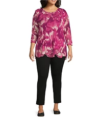 Slim Factor by Investments Plus Size Blur Print Crew Neck Long Sleeve Ruffled Hem Lined Top