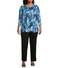 Slim Factor by Investments Plus Size Blur Print Crew Neck Long Sleeve Ruffled Hem Lined Top