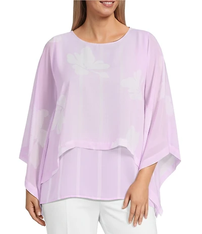 Slim Factor by Investments Plus Size Floral Print Chiffon 3/4 Sleeve Crew Neck Double Layer Top