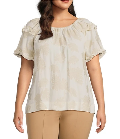 Slim Factor By Investments Plus Size Heidi Palm Jacquard Elastic Crew Neckline Short Sleeve Top
