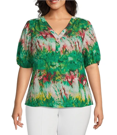 Slim Factor By Investments Plus Size Julia Simply Green Multi Tie Dye Print V-Neck Short Sleeve Top