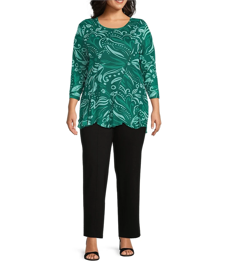 Slim Factor by Investments Plus Size Paisley Print Crew Neck Long Sleeve Ruffled Hem Lined Top