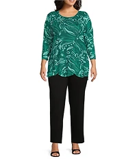 Slim Factor by Investments Plus Size Paisley Print Crew Neck Long Sleeve Ruffled Hem Lined Top