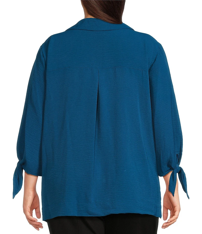 Slim Factor by Investments Plus Size Nicole Point Collar Y-Neck 3/4 Tie Sleeve Button Front Top