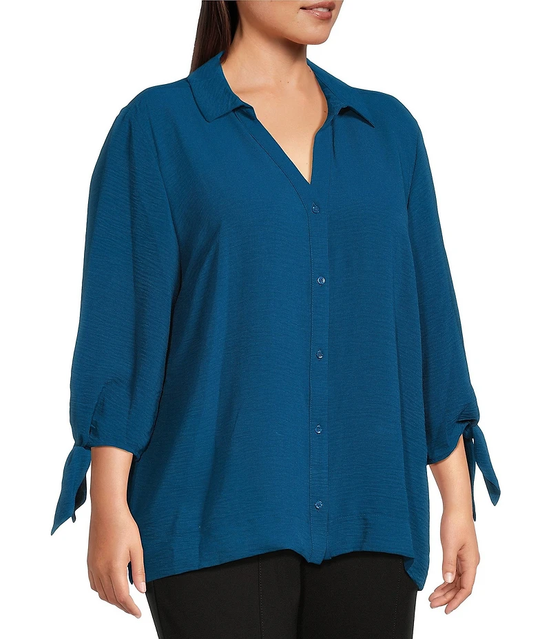 Slim Factor by Investments Plus Size Nicole Point Collar Y-Neck 3/4 Tie Sleeve Button Front Top