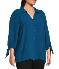 Slim Factor by Investments Plus Size Nicole Point Collar Y-Neck 3/4 Tie Sleeve Button Front Top