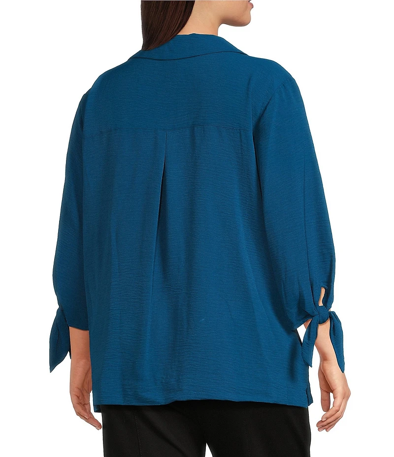 Slim Factor by Investments Plus Size Nicole Point Collar Y-Neck 3/4 Tie Sleeve Button Front Top