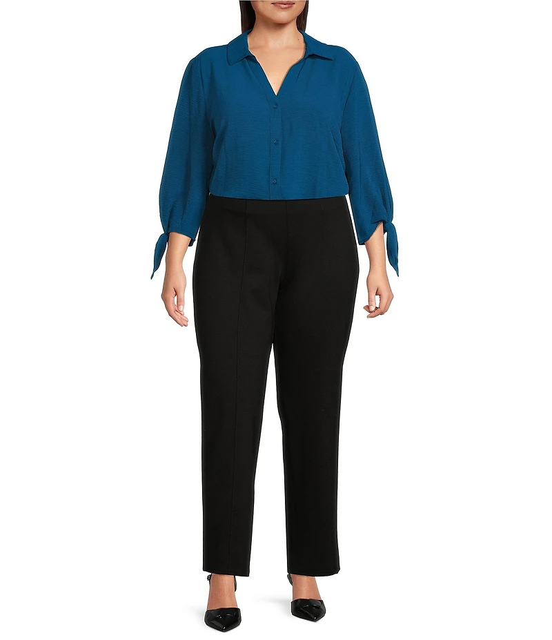 Slim Factor by Investments Plus Size Nicole Point Collar Y-Neck 3/4 Tie Sleeve Button Front Top