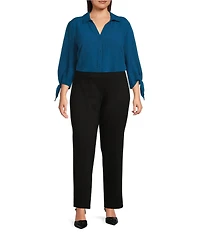 Slim Factor by Investments Plus Size Nicole Point Collar Y-Neck 3/4 Tie Sleeve Button Front Top