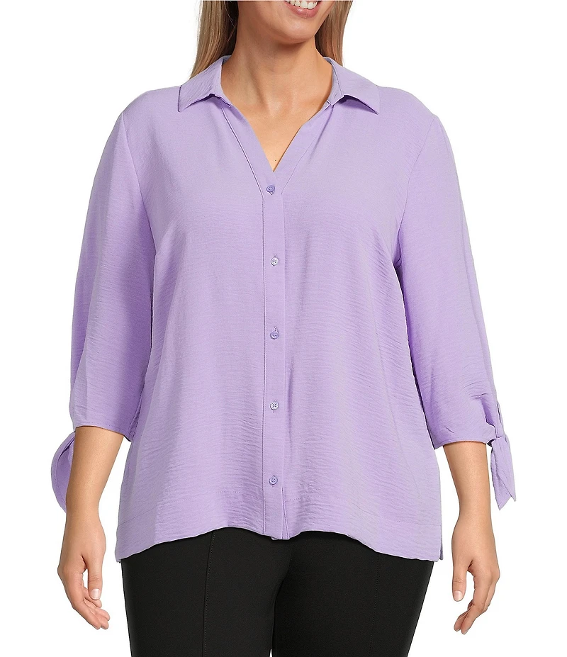 Slim Factor by Investments Plus Size Nicole Point Collar Y-Neck 3/4 Tie Sleeve Button Front Top