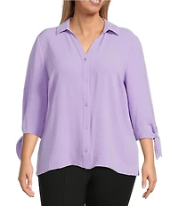 Slim Factor by Investments Plus Size Nicole Point Collar Y-Neck 3/4 Tie Sleeve Button Front Top
