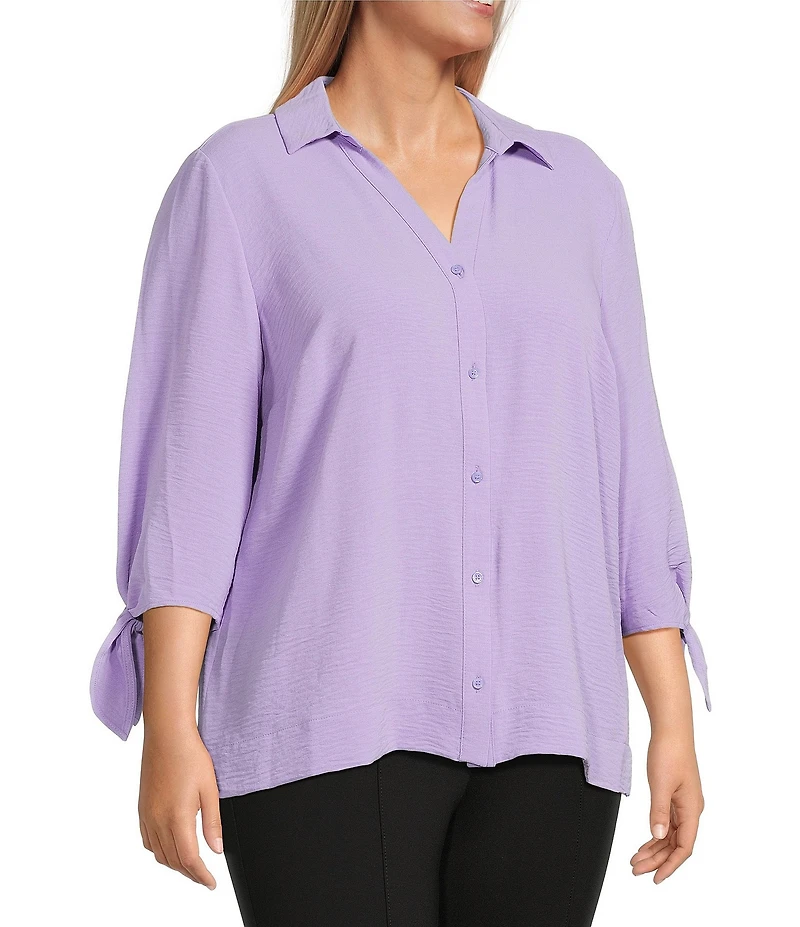 Slim Factor by Investments Plus Size Nicole Point Collar Y-Neck 3/4 Tie Sleeve Button Front Top