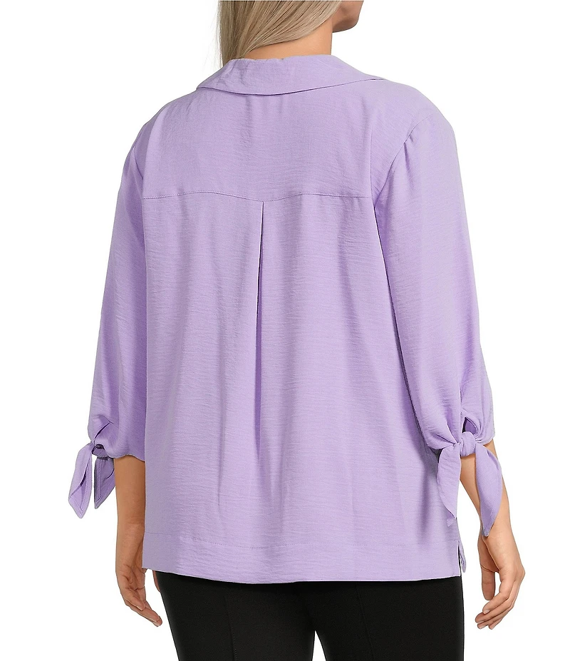 Slim Factor by Investments Plus Size Nicole Point Collar Y-Neck 3/4 Tie Sleeve Button Front Top