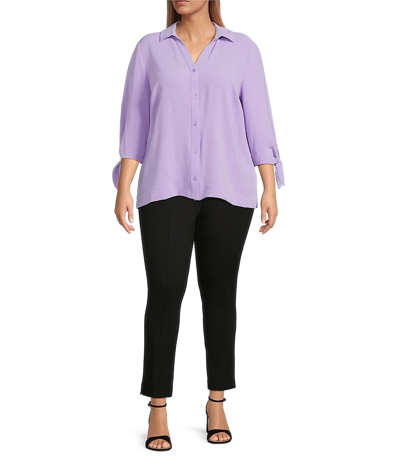 Slim Factor by Investments Plus Size Nicole Point Collar Y-Neck 3/4 Tie Sleeve Button Front Top