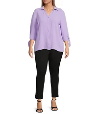 Slim Factor by Investments Plus Size Nicole Point Collar Y-Neck 3/4 Tie Sleeve Button Front Top