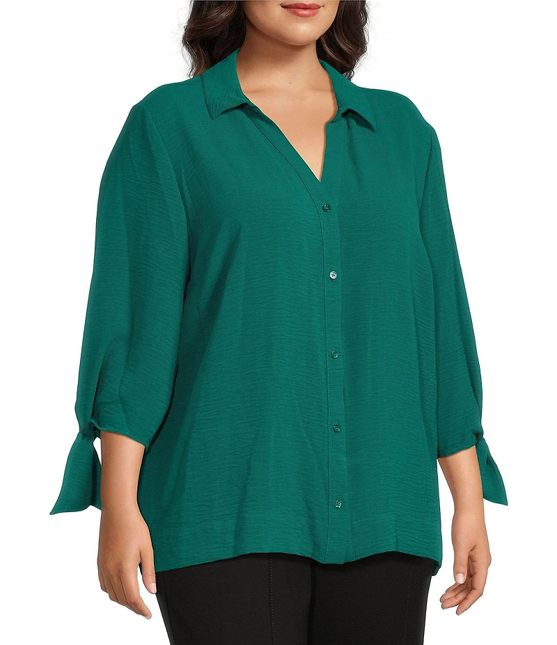 Slim Factor by Investments Plus Size Nicole Point Collar Y-Neck 3/4 Tie Sleeve Button Front Top
