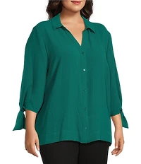 Slim Factor by Investments Plus Size Nicole Point Collar Y-Neck 3/4 Tie Sleeve Button Front Top
