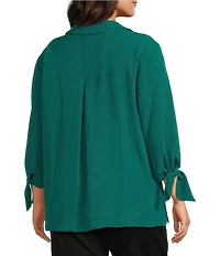Slim Factor by Investments Plus Size Nicole Point Collar Y-Neck 3/4 Tie Sleeve Button Front Top