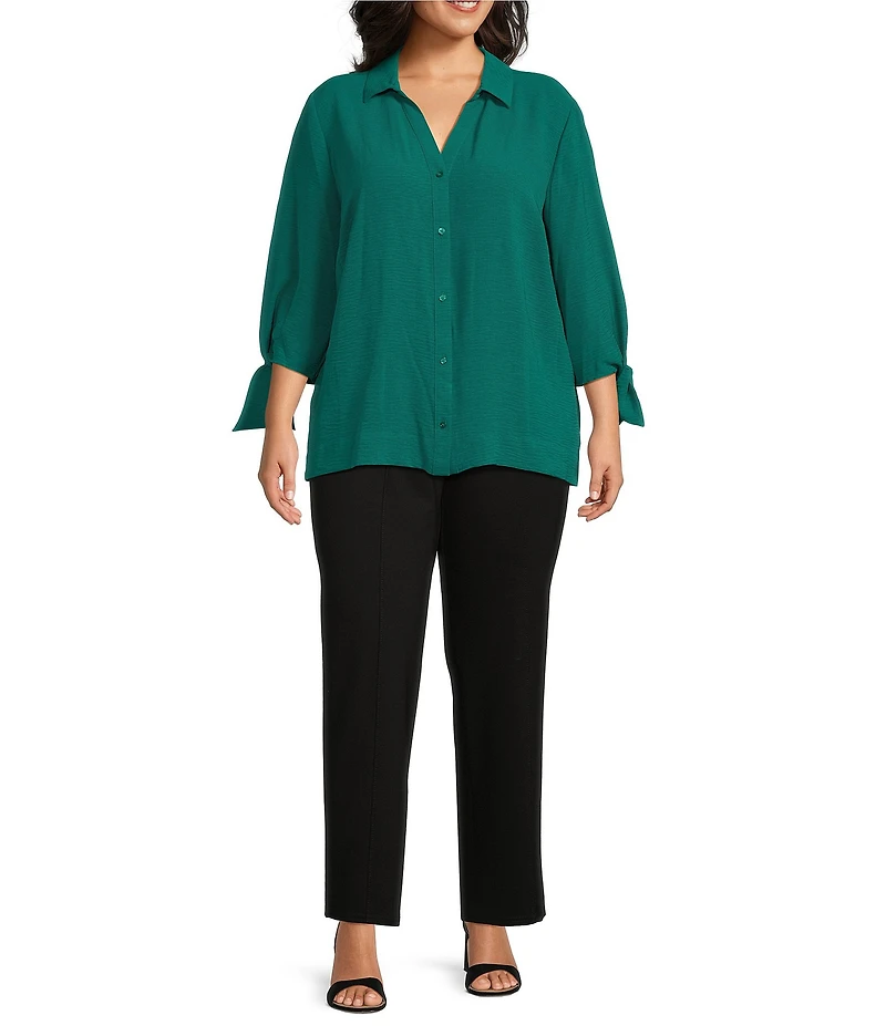 Slim Factor by Investments Plus Size Nicole Point Collar Y-Neck 3/4 Tie Sleeve Button Front Top