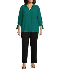 Slim Factor by Investments Plus Size Nicole Point Collar Y-Neck 3/4 Tie Sleeve Button Front Top