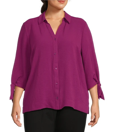 Slim Factor by Investments Plus Size Nicole Point Collar Y-Neck 3/4 Tie Sleeve Button Front Top