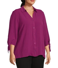 Slim Factor by Investments Plus Size Nicole Point Collar Y-Neck 3/4 Tie Sleeve Button Front Top