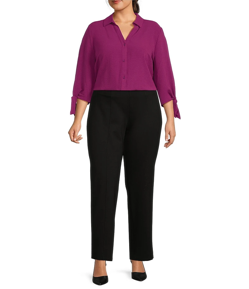 Slim Factor by Investments Plus Size Nicole Point Collar Y-Neck 3/4 Tie Sleeve Button Front Top