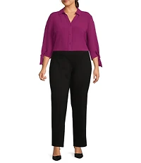 Slim Factor by Investments Plus Size Nicole Point Collar Y-Neck 3/4 Tie Sleeve Button Front Top