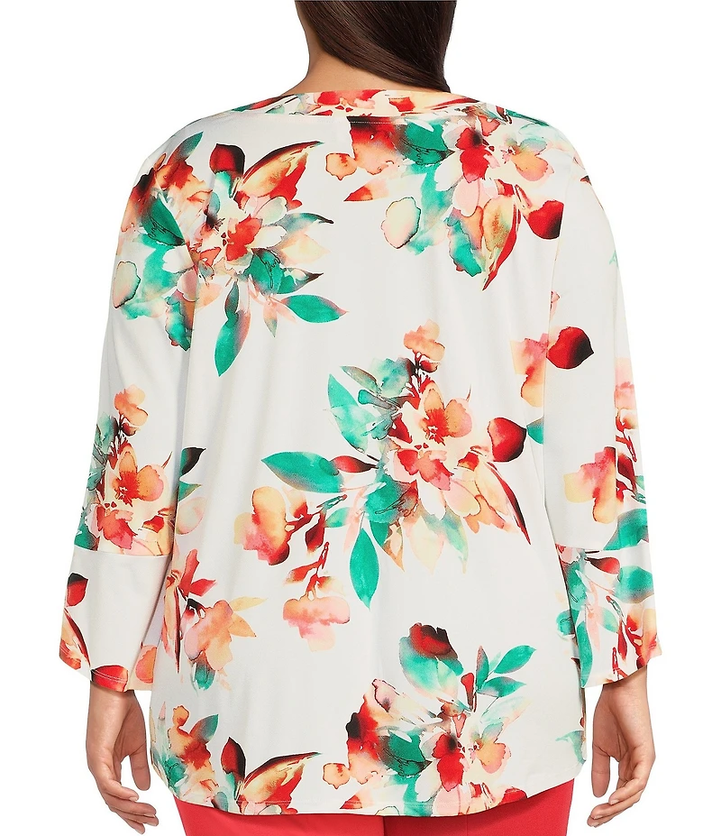 Slim Factor by Investments Plus Size Scattered Blooms V-Neckline 3/4 Slit Sleeve Top