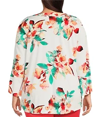 Slim Factor by Investments Plus Size Scattered Blooms V-Neckline 3/4 Slit Sleeve Top