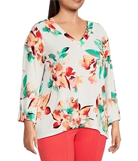 Slim Factor by Investments Plus Size Scattered Blooms V-Neckline 3/4 Slit Sleeve Top