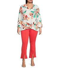 Slim Factor by Investments Plus Size Scattered Blooms V-Neckline 3/4 Slit Sleeve Top