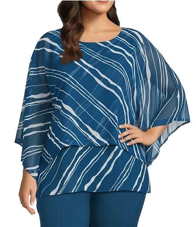 Slim Factor by Investments Plus Size Stripe Chiffon 3/4 Sleeve Crew Neck Double Layer Top