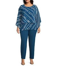 Slim Factor by Investments Plus Size Stripe Chiffon 3/4 Sleeve Crew Neck Double Layer Top