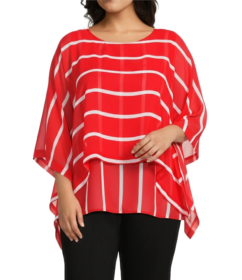 Slim Factor by Investments Plus Size Striped 3/4 Sleeve Crew Neck Double Layer Chiffon Top