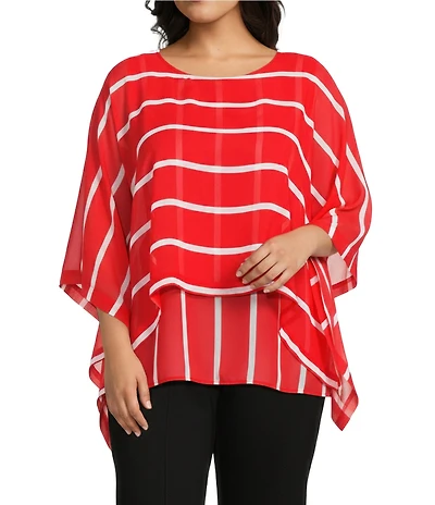 Slim Factor by Investments Plus Size Striped 3/4 Sleeve Crew Neck Double Layer Chiffon Top