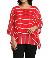 Slim Factor by Investments Plus Size Striped 3/4 Sleeve Crew Neck Double Layer Chiffon Top