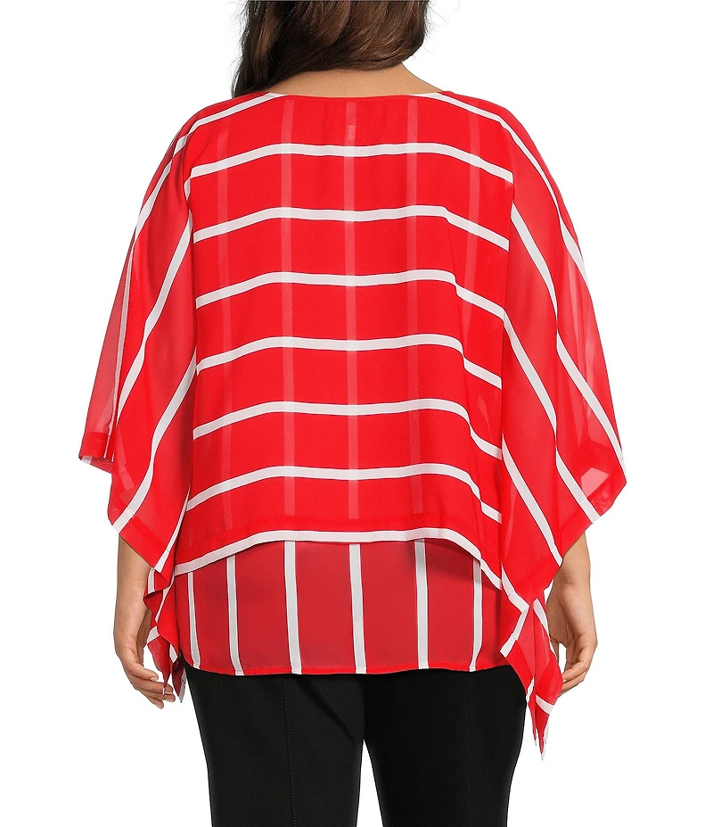 Slim Factor by Investments Plus Size Striped 3/4 Sleeve Crew Neck Double Layer Chiffon Top