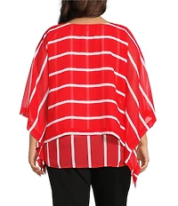 Slim Factor by Investments Plus Size Striped 3/4 Sleeve Crew Neck Double Layer Chiffon Top