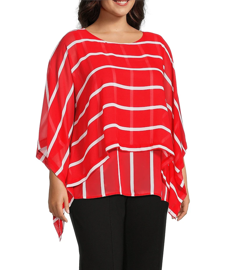 Slim Factor by Investments Plus Size Striped 3/4 Sleeve Crew Neck Double Layer Chiffon Top