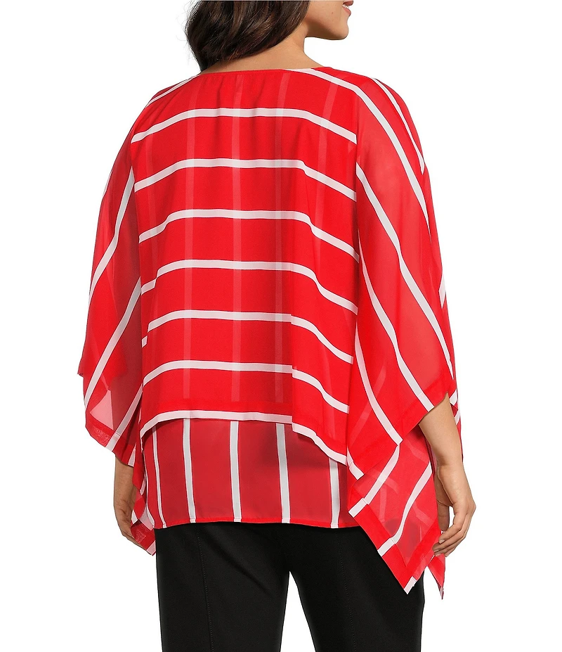 Slim Factor by Investments Plus Size Striped 3/4 Sleeve Crew Neck Double Layer Chiffon Top