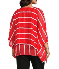 Slim Factor by Investments Plus Size Striped 3/4 Sleeve Crew Neck Double Layer Chiffon Top