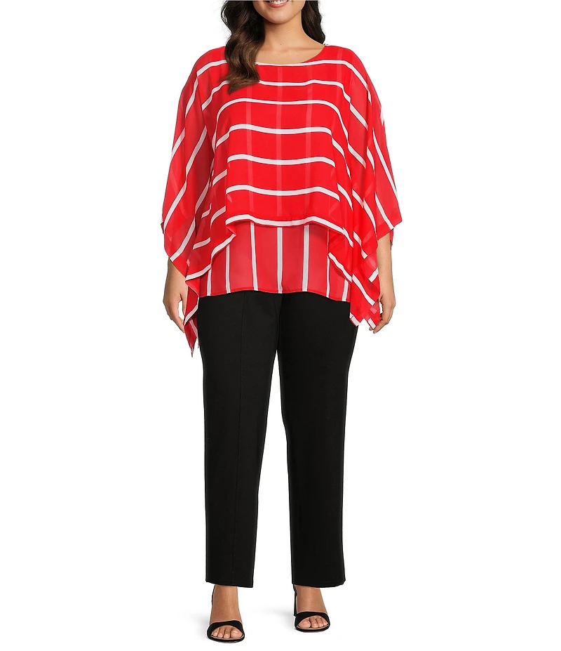 Slim Factor by Investments Plus Size Striped 3/4 Sleeve Crew Neck Double Layer Chiffon Top