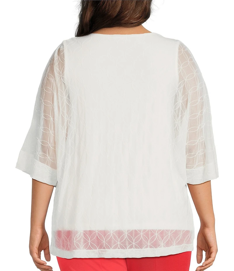 Slim Factor by Investments Plus Size V-Neck 3/4 Sleeve Textured Overlay Top